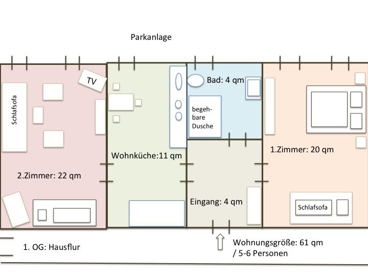 Grundriss mit Größen FeWo Parkblick 2020